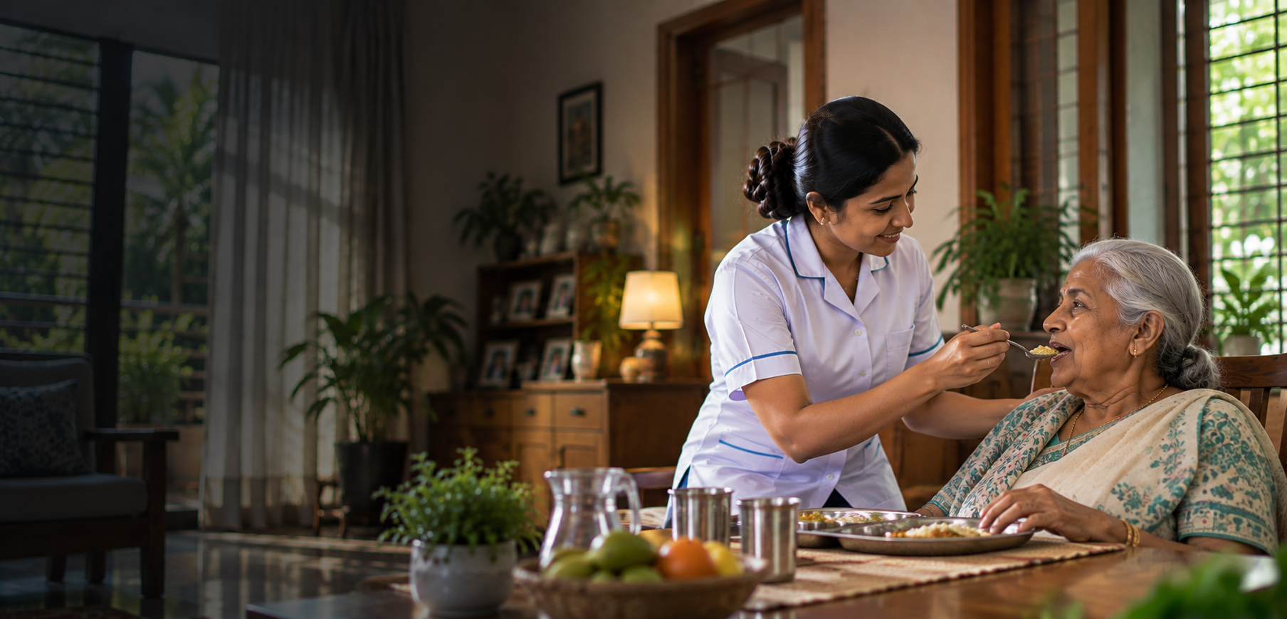 Caregiver supporting an elderly patient at home