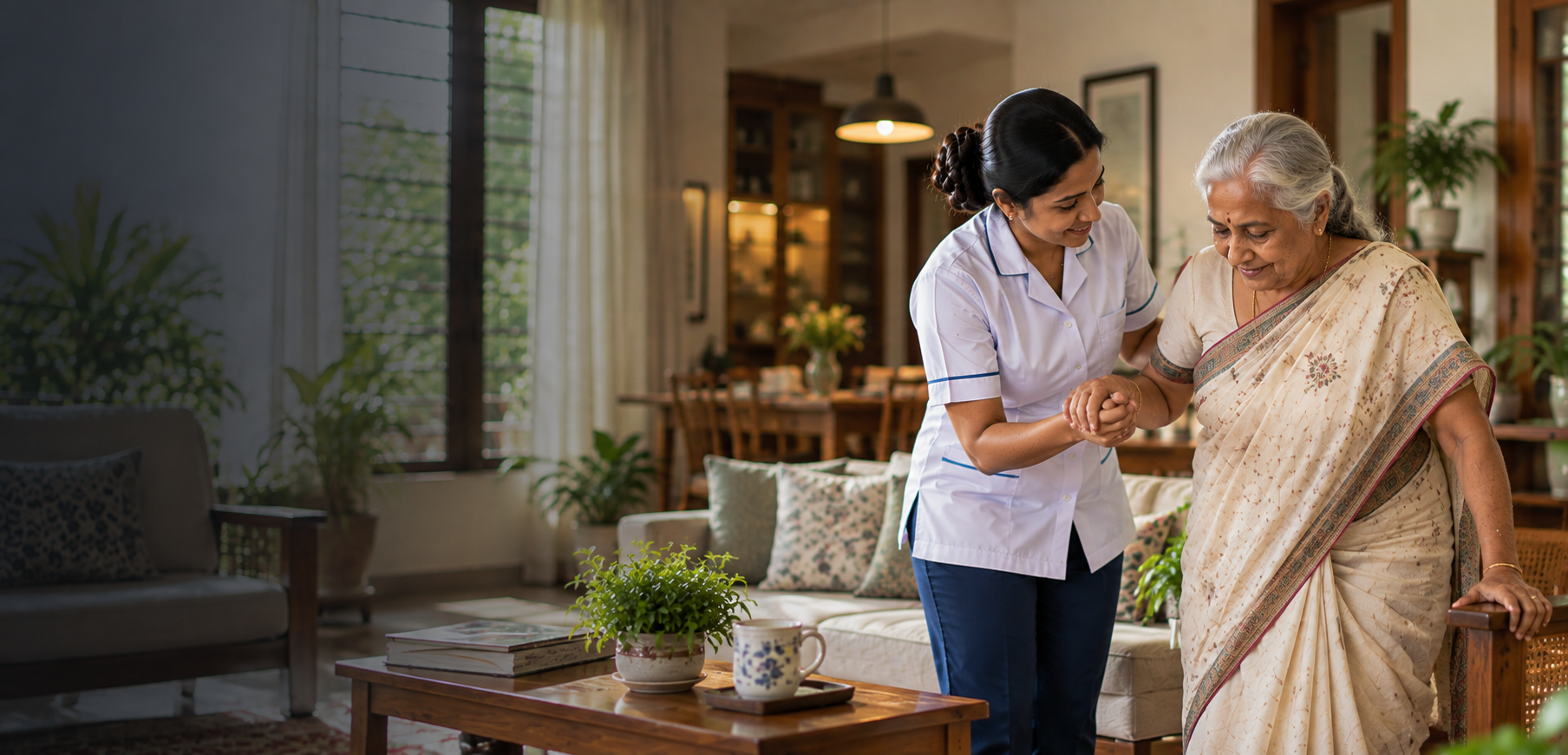 Caregiver supporting a patient during recovery at home